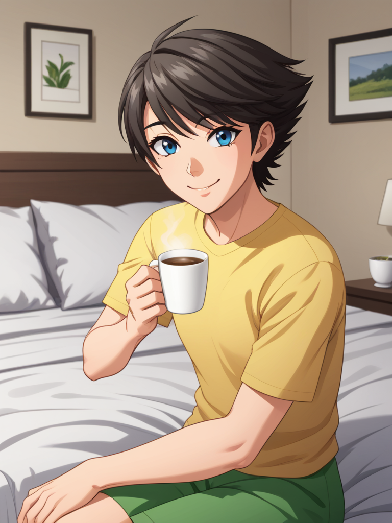 1boy, solo, ethantokiohollo, black hair, swept bangs, blue eyes, yellow shirt, short sleeves, green short, indoors, bedroom, sitting, bed, holding, cup of coffee, looking at viewer, smile