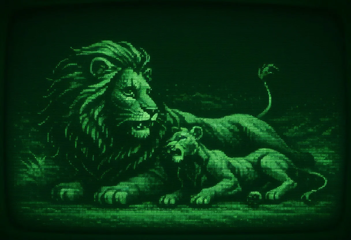 masterpiece, high quality,R3troCRTGr33n,monochrome,green theme,lion,lying down,roar