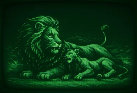 masterpiece, high quality,R3troCRTGr33n,monochrome,green theme,lion,lying down,roar