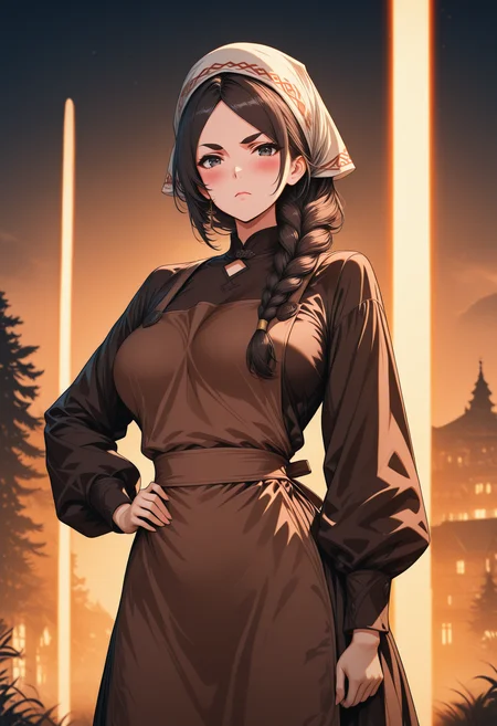 blue hour shot of night shot of masterpiece, best quality, amazing quality, ultra-detailed, 8K, cinematic lighting, aesthetic, very awa, absurdres, HDR, superabsurd res, high resolution, newest, uncensored, detailed background, detailed foreground, detailed clothing, detailed hair, detailed shading,
<lora:babkab:1> babkab, 1girl, solo, brown hair, braid, long hair, hair over shoulder, apron, black eyes, hand on hip, brown apron, dress, large breasts, large breasts, single braid, blush, standing, long sleeves, looking at viewer, hat, mature female, head scarf, thick eyebrows,  frown, closed mouth, brown dress,  russian village, parody style,   <lora:illustrious_h_v2:1> <lora:illustriousXL_stabilizer_v1.23:1> <lora:nastasya:0.3> nastasya. Dark, lit, moody, mysterious. Cool light, twilight, peaceful, moody