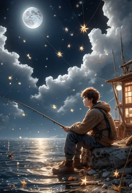 (1boy, cinematic,epic, realistic,RAW photo,photorealistic, fishing stars sitting at moon)