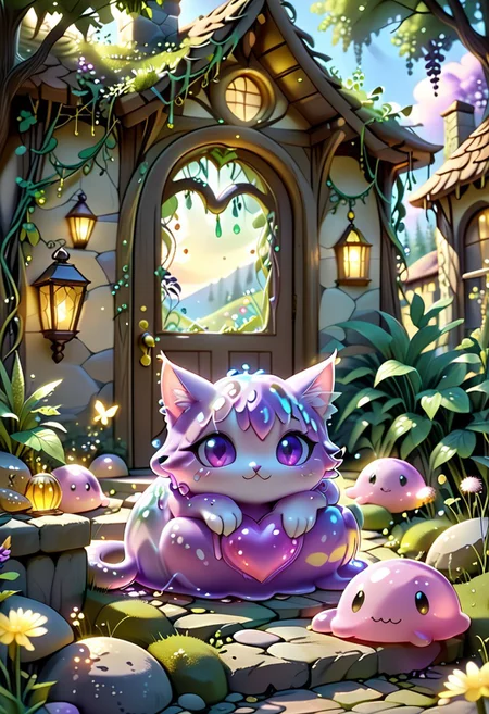 Sl1m3d, masterpiece, highest quality, cute, whimsical, Adorable purple slime-morph-kitten, sitting on a fantasy cottage doorstep. Large round eyes (golden-green) locked onto viewer, head slightly tilted, ears perked. Soft dawn light, glowing dandelion fluff drifting around. whimsical vines framing the scene. Pastel palette: lavender sky, mossy stones, warm wooden door. Heart-melting cuteness, magical-comfy vibes