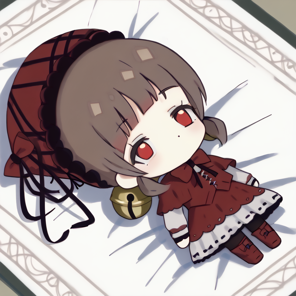 <lora:Laetitia:1> red eyes, bow, bell, dress, hat, brown hair, bonnet
 <lora:QiqiFallen_XLPD:0.8> QiqiFallen, lying, on back, chibi