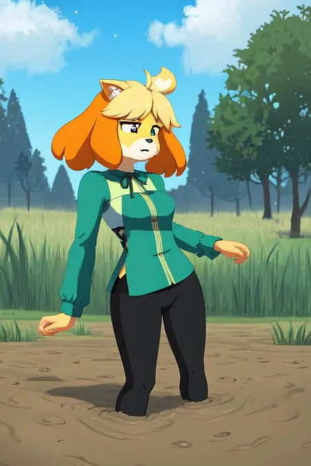 isabelle \(animal crossing\), (masterpiece, best quality:1.15), 1girl, solo, large breasts, high cheekbones, thick eyebrows, small mouth, looking to the side, leaning forward, adjusting clothes, tight leggings, crop top shirt, starry nights, long hair, twin short braids, scared, partially submerged, struggling, farmland bog