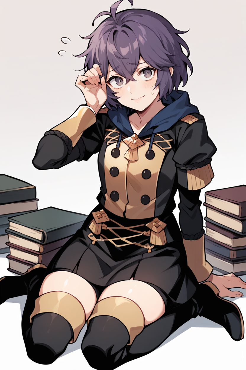 score_9, score_8_up, score_7_up, score_6_up, source_anime, 1girl BREAK <lora:bernadetta-pdxl-nvwls-v1:1> defBernie, messy hair, black uniform, hood down, black skirt, long sleeves, thigh boots, sitting on ground, pile of books, light smile, looking at viewer, nervous