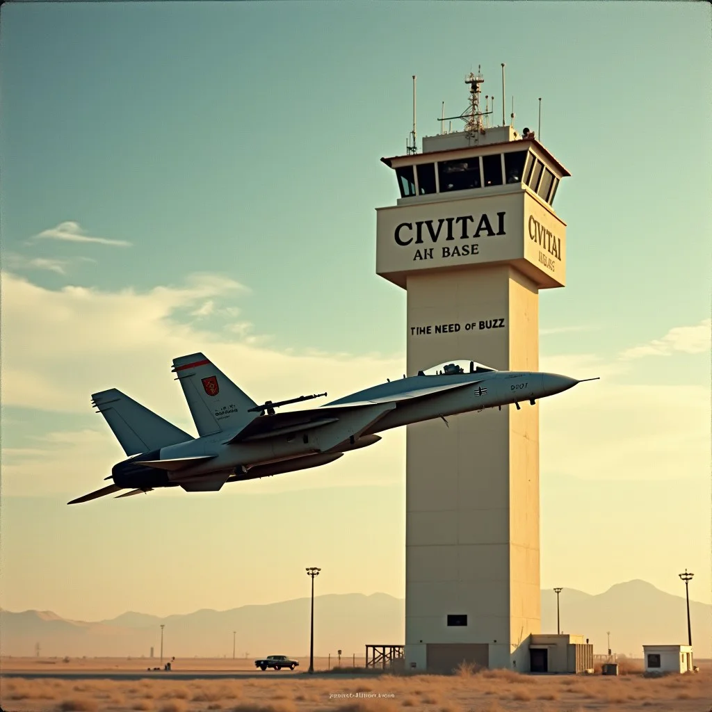 Cinematic photo, movie poster, F-14 tomcat flying close to an airport control tower, control tower labeled "CIVITAI AIR BASE", under F-14 fighter jet movie poster block letter text "I feel the need, the need for BUZZ", sunny day, military installation, desert, air base, top gun style movie poster,