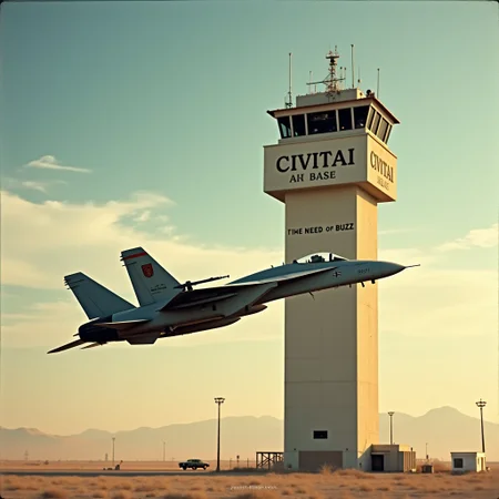 Cinematic photo, movie poster, F-14 tomcat flying close to an airport control tower, control tower labeled "CIVITAI AIR BASE", under F-14 fighter jet movie poster block letter text "I feel the need, the need for BUZZ", sunny day, military installation, desert, air base, top gun style movie poster,