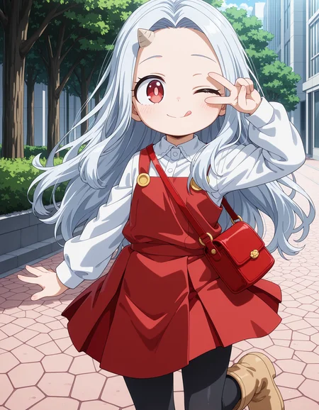 ultra-detailed, ultra-detailed eyes, ultra-detailed fingers, ultra-detailed hands, anime screencap, anime coloring, round face, cute face, cute, adorable, moe, outdoors,
1girl, Eri, child, white hair, long hair, red eyes, light pupils, single horn, red dress, white shirt, long sleeves, black leggings, beige boots, red purse,
v over eye, one eye closed, legs apart, licking lips, leg up,
<lora:spo_sdxl_10ep_4k-data_lora_webui_482964:1>, <lora:add-detail-xl:1>, <lora:Eri_-_My_Hero_Academia__Boku_no_Hero_Academia_-_Illustrious:1>,
masterpiece, best quality, amazing quality, very aesthetic, absurdres,