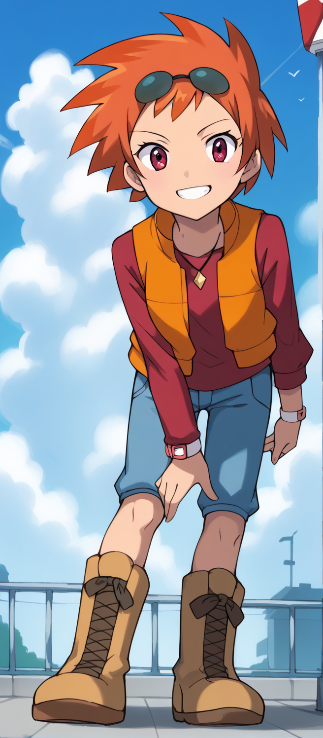 2d, masterpiece, best quality, amazing quality, 1girl, solo, leaning forward, full body, standing, smile, looking at viewer,  sky, clouds, meadows, score_9, score_8_up, score_7_up,source_anime,pkzoey, orange hair, short hair, spiked hair, bangs, necklace, eyewear on head, sunglasses, red shirt, long sleeves, bracelet, orange vest, jeans, boots, brown footwear, capri pants