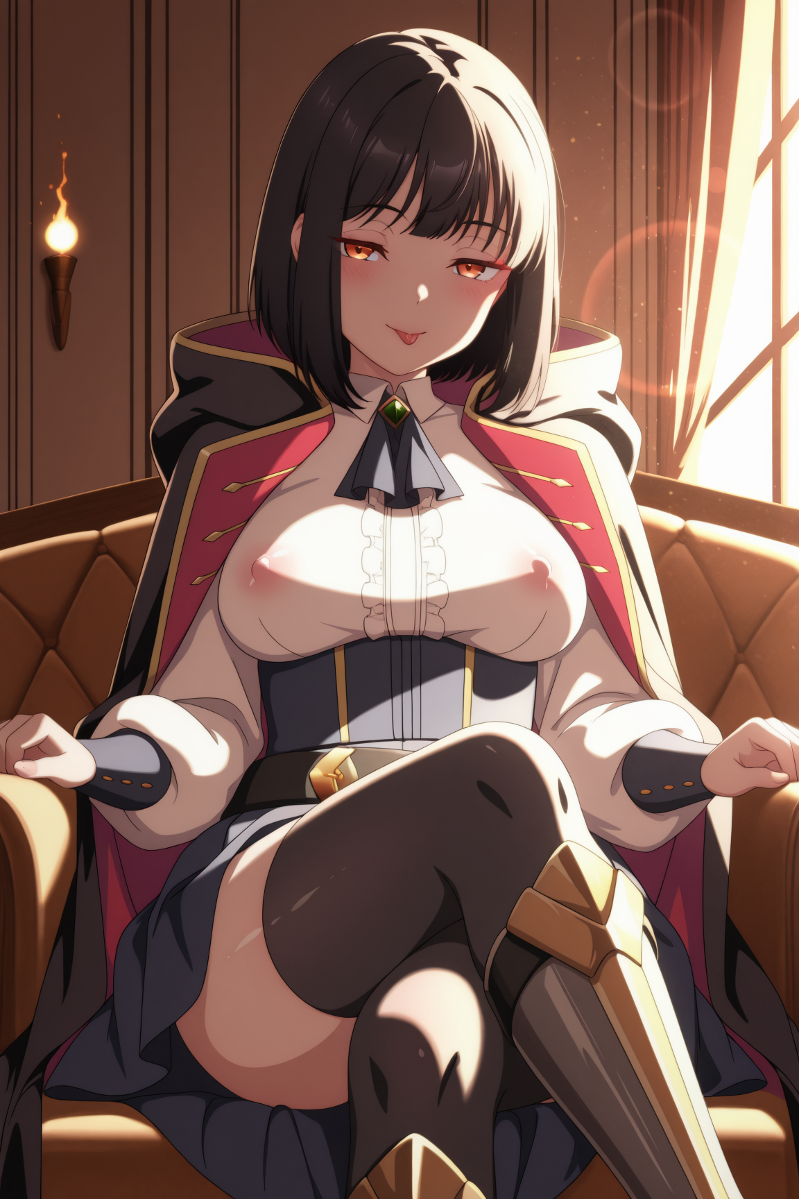 ficelle_harbeller, short_hair, black_hair, red_eyes, blush, covered_nipples, medium_breasts, white_shirt, aascot, center_frills, puffy_sleeves, long_sleeves, black_cloak, hooded_cloak, cloak_down, underbust, blue_skirt, armor, black_thighhighs, armored_boots, 