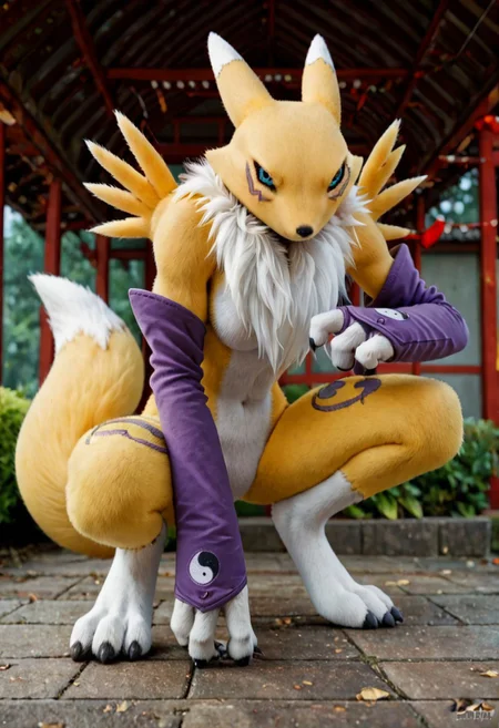 score_9, score_8_up, score_7_up, score_6_up, score_5_up, score_4_up, BREAK, renamon, digimon (creature), furry, fox ears, black sclera, blue eyes, white fur, yellow fur, body fur, gloves, black claws, fox tail, ninja pose, crouching, arched back