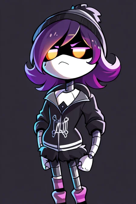masterpiece, best quality, Detailed, 2D, 1girl, solo, Uzi, Purple Hair, Gradient Eyes, Orange Eyes, Purple Eyes, robot, beanie, black hoodie, striped socks