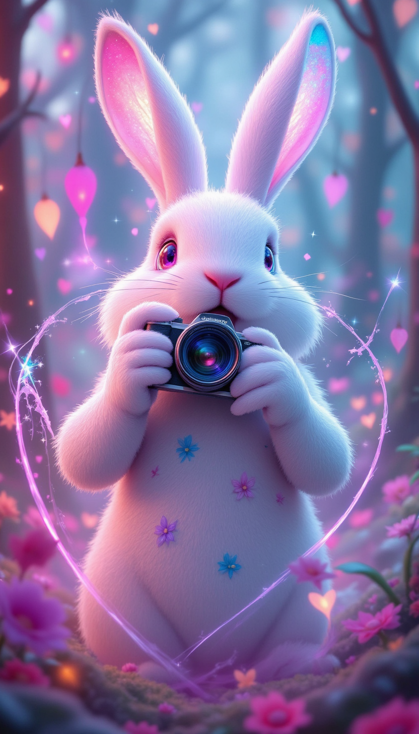 pinkfluxproultrafantasia, 
stunning photorealistic image of a cute white bunny as a photographer, moody, grainy, noisy, concept art, by Alberto Seveso, Cyril Rolando, Dan Mumford, Meaningful Visual Art, Detailed Painting, Digital Illustration, Unreal Engine 5, 32k maximalist, hyperdetailed fantasy art, 3d digital art, sharp focus, masterpiece, fine art
