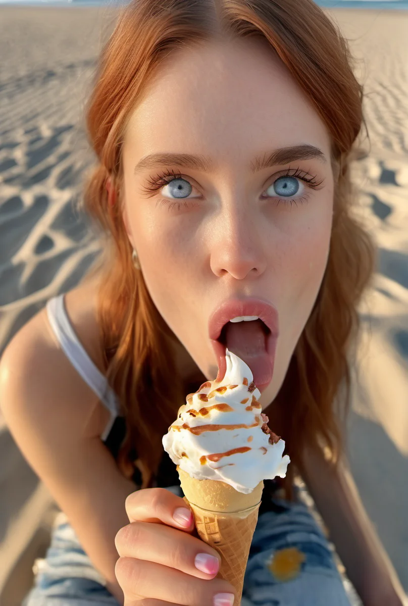 fashion model woman eating an icecream outside, at beach <lora:woman_bj_xl_lora-000030:1>, hi detail, sharp focus, perfect lighting, awesome, dslr, 4k high quality. extra detail, extra sharp, magical, perfect moment, natural skin, pores