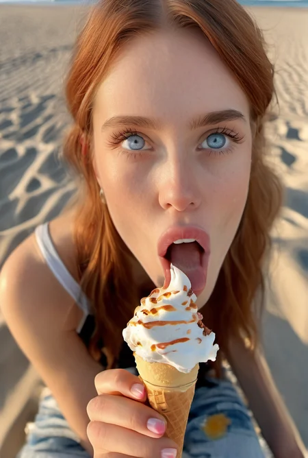 fashion model woman eating an icecream outside, at beach <lora:woman_bj_xl_lora-000030:1>, hi detail, sharp focus, perfect lighting, awesome, dslr, 4k high quality. extra detail, extra sharp, magical, perfect moment, natural skin, pores