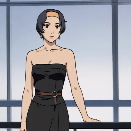 <lora:Haruka_pony_v1:1> HarukaBlackDress, 1girl, jewelry, earrings, strapless dress, black dress, short hair, black hair, bare shoulders, hairband, breasts, collarbone,  cowboy shot