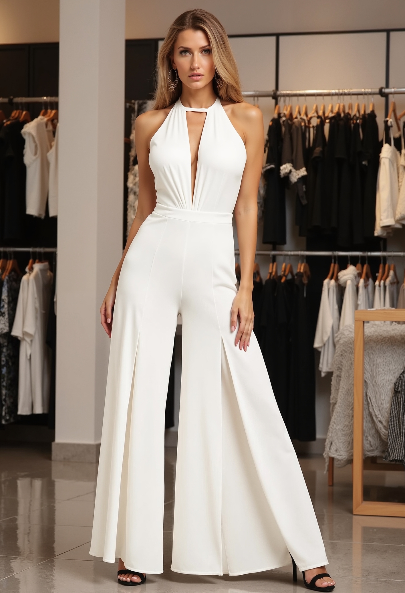 beautiful model, long straight hair, medium round breasts, clo018, wearing a white sleeveless halterneck jumpsuit with a deep V-neckline and draped details, cinched waist, and wide, flowing pants, perfect feet in black high heels, posing in a clothing shop,