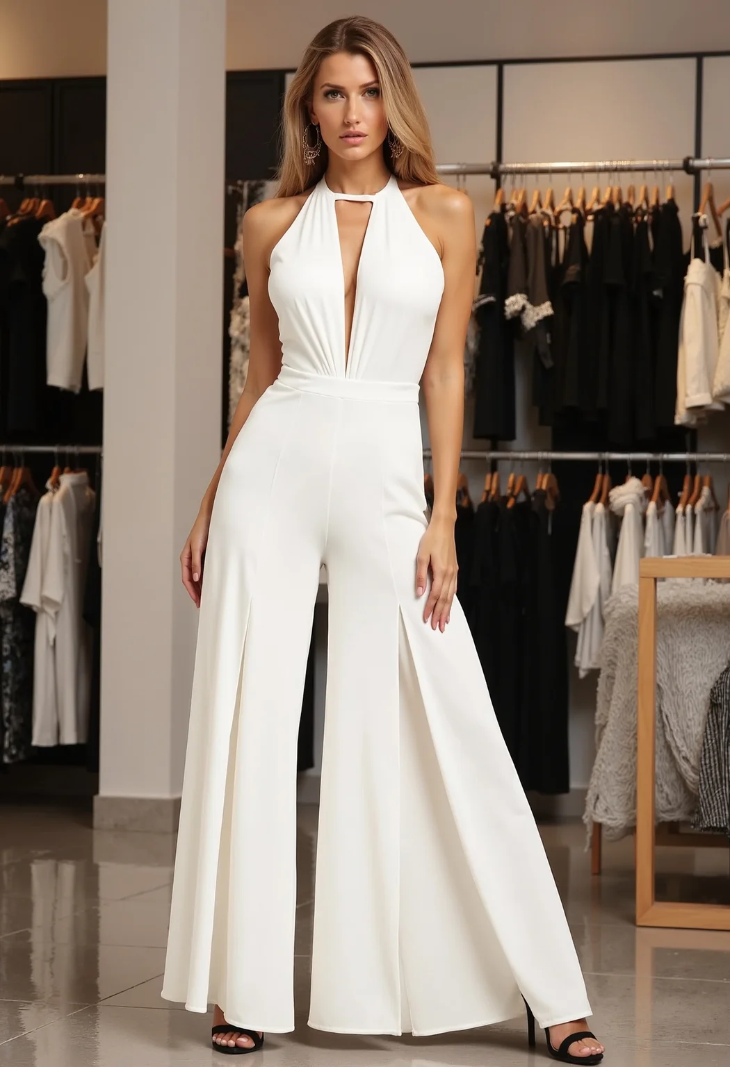 beautiful model, long straight hair, medium round breasts, clo018, wearing a white sleeveless halterneck jumpsuit with a deep V-neckline and draped details, cinched waist, and wide, flowing pants, perfect feet in black high heels, posing in a clothing shop,