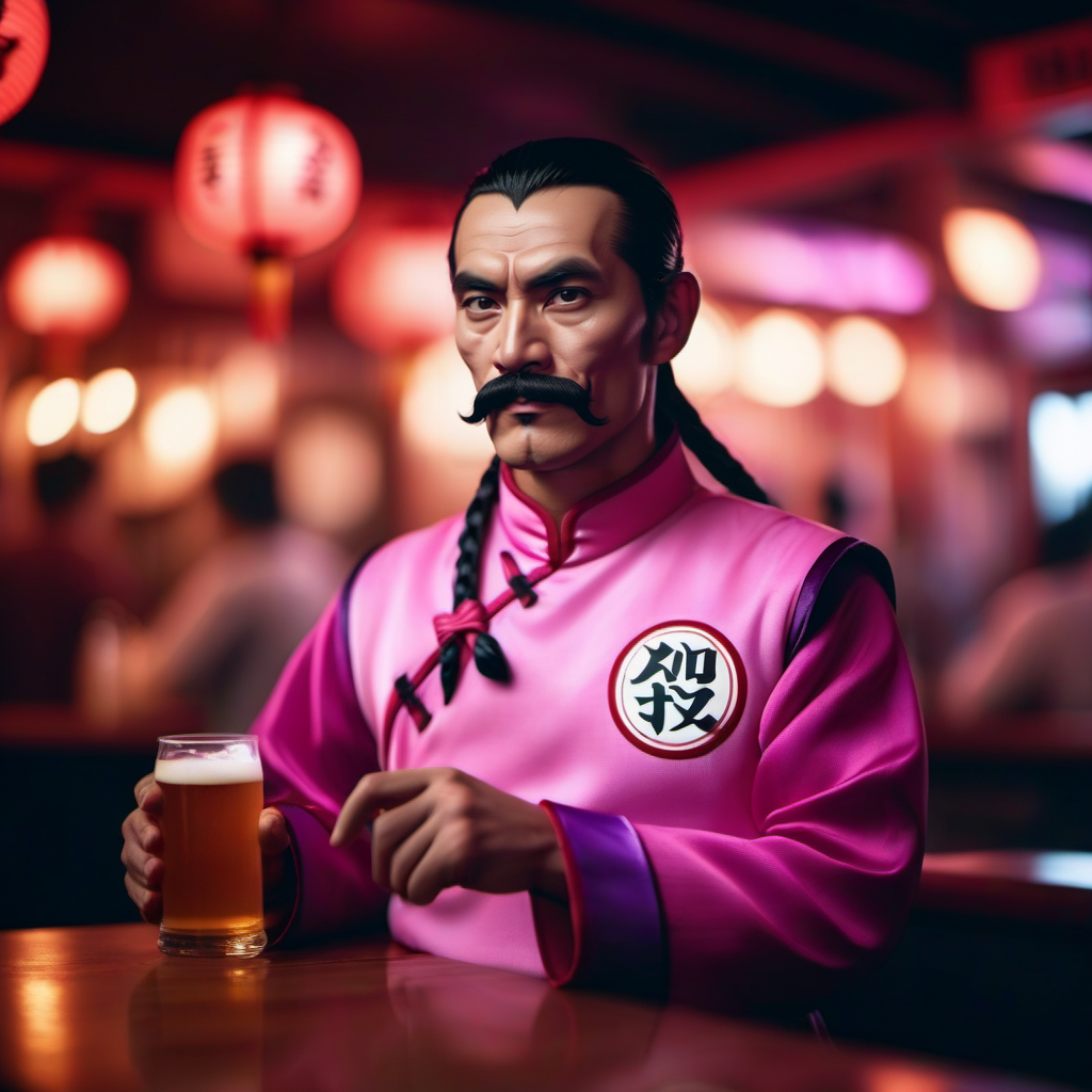 cinematic photo full body portrait 1boy, mustache, solo, single braid, black hair, pink and purple chinese clothes, facial hair, having a beer in a chinese pub  <lora:TaoPaiPai1024:0.8> . 35mm photograph, film, bokeh, professional, 4k, highly detailed
