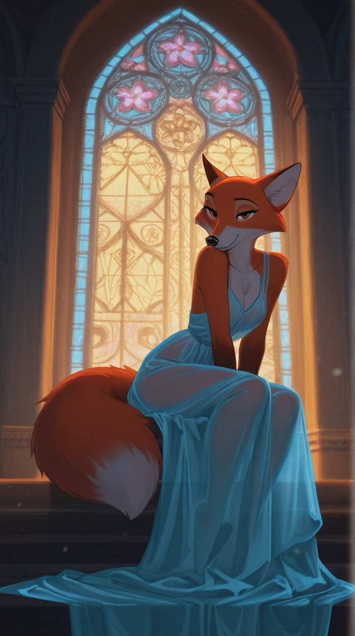 disney animation,
masterpiece, best quality, hyper-realistic, ultra-HD, luminous lighting, cinematic ambiance, shimmering gradients, ethereal glow, deep contrast, rich color tones, seductive atmosphere, captivating sensuality, Cinematic Lighting,
robin hood, fox, raytracing, volumetric lighting, ambient occlusion, Background, girl, solo, anthro, stained glass,
flowing dress, see-through,sitting,leaning forward,
<lora:Disney_Animation_v5-V7:1>âââ