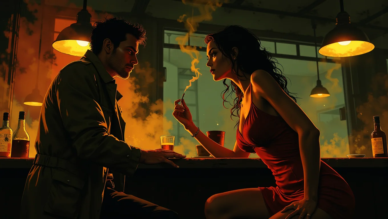 In a smoky, dimly lit bar, a stunning femme fatale in a red dress seductively leans on the counter, her gaze fixed on a hard-boiled detective in a trench coat. She holds a cigarette in one hand, the smoke curling up toward the ceiling. He watches her intently, knowing sheâs trouble
<lora:Luminous_Shadowscape:0.6>