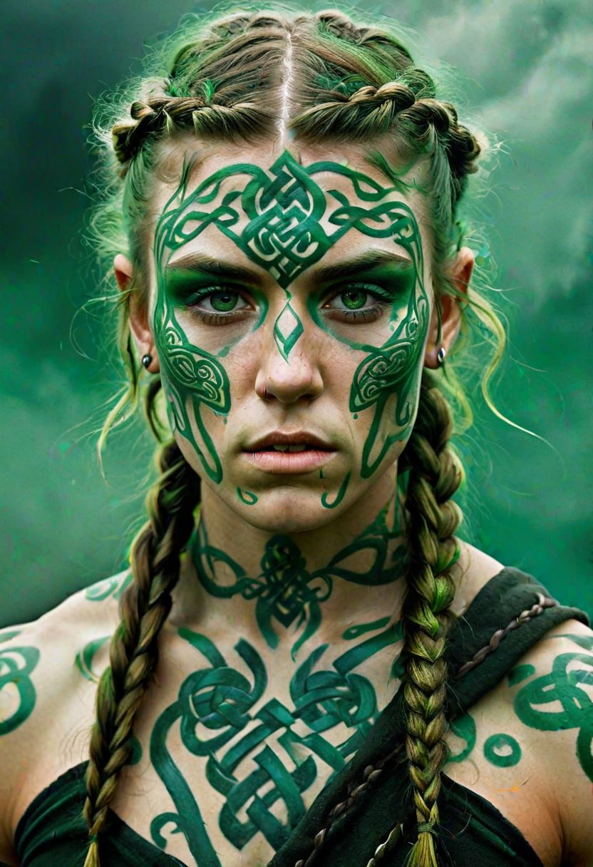hyperrealistic portrait, young Celtic warrior, defiant expression, muscular build, intricate green tattoos, swirling Celtic knots, painted face, (warpaint:1.2), (braided hair:1.1), mist-filled background