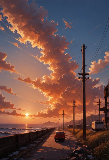 score_9,score_8_up,score_7_up,embedding:zPDXL2, film grain,Cinematic Lighting, Expressiveh,th3rm4l,colorful, outdoors, sky, blue sky, gradient, gradient background, no humans, ground vehicle, scenery, sunset, orange background, power lines, gradient sky, orange sky<lora:增强\(收藏)\sdxl_lightning_8step_lora.safetensors:1.0:1.0> <lora:增强\(收藏)\Expressive_H-000001.safetensors:0.4:0.4> <lora:增强\(收藏)\Hands XL 4.safetensors:1.0:1.0> <lora:增强\(收藏)\glowneon_xl_v1.safetensors:0.5:0.5> <lora:extremely detailed (no trigger).safetensors:1.0:1.0> <lora:Vixon\(收藏)\Vixon's Pony Styles Thermal.safetensors:0.4:0.4> <lora:增强\(收藏)\sinfully_stylish_SDXL.safetensors:0.4:0.4>
