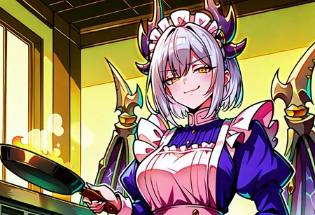highres, best quality, masterpiece, very aesthetic, newest, year_2024, year_2023, year_2022,cell shading,solo,dorugoramon maid,maid dress,dorugoramon wings,wings,maid headdress,yellow eyes,silver hair,horns,smug,holding frying pan,indoors,upper body,kitchen