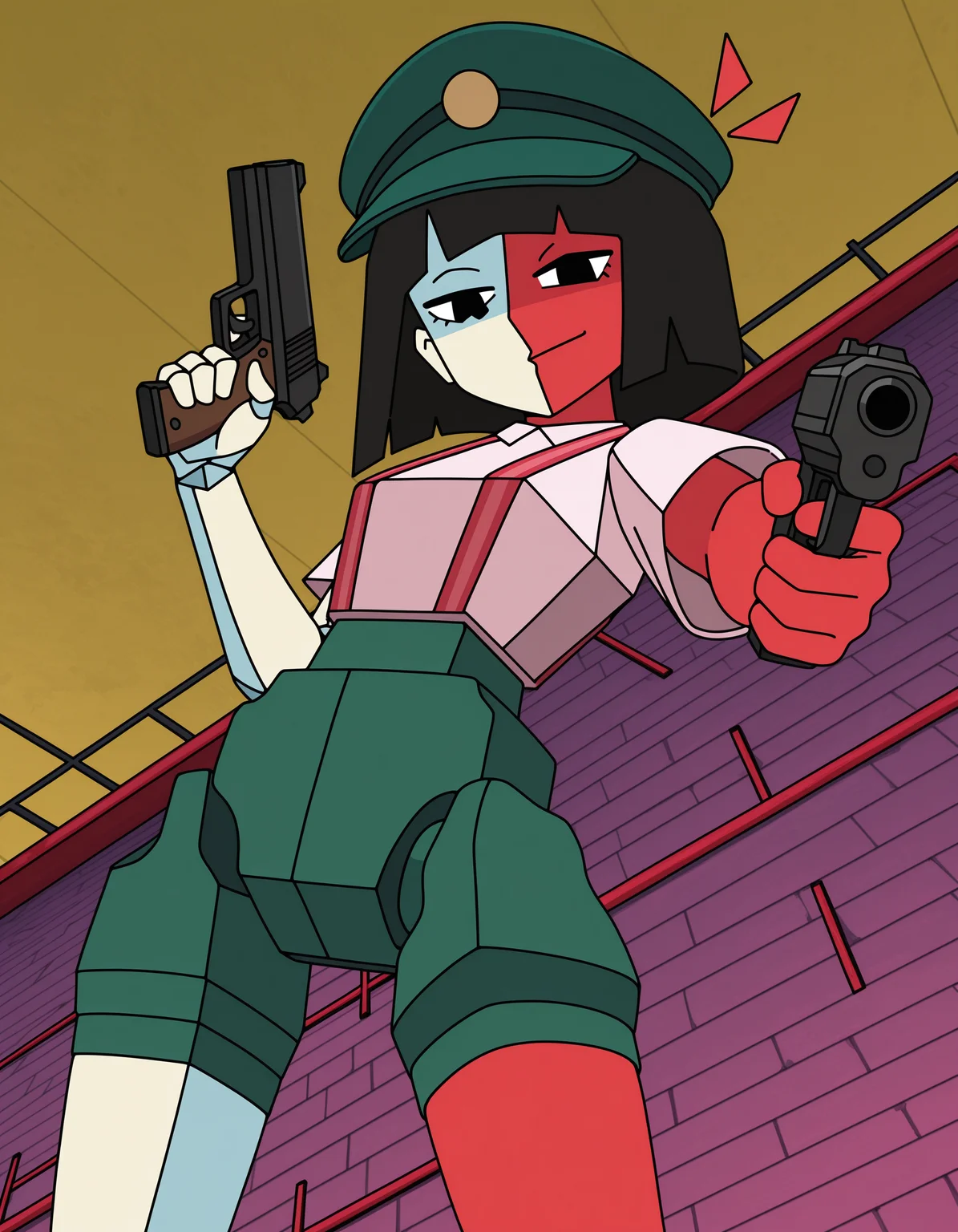 <lora:ENABBQILXL_V1T4:0.8> ena, 1girl, solo, white skin, red skin, multicolored skin, split color, short hair, bob cut, black hair, green hat, collared shirt, short sleeves, suspenders, green shorts, low poly, geometric body, asymmetrical design, triangular eyes, segmented joints, very aesthetic, absurdres, looking at viewer, aiming at viewer, holding handgun, from below, night