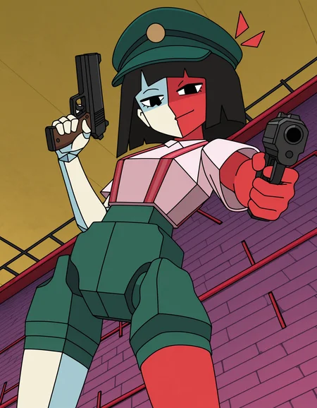 <lora:ENABBQILXL_V1T4:0.8> ena, 1girl, solo, white skin, red skin, multicolored skin, split color, short hair, bob cut, black hair, green hat, collared shirt, short sleeves, suspenders, green shorts, low poly, geometric body, asymmetrical design, triangular eyes, segmented joints, very aesthetic, absurdres, looking at viewer, aiming at viewer, holding handgun, from below, night