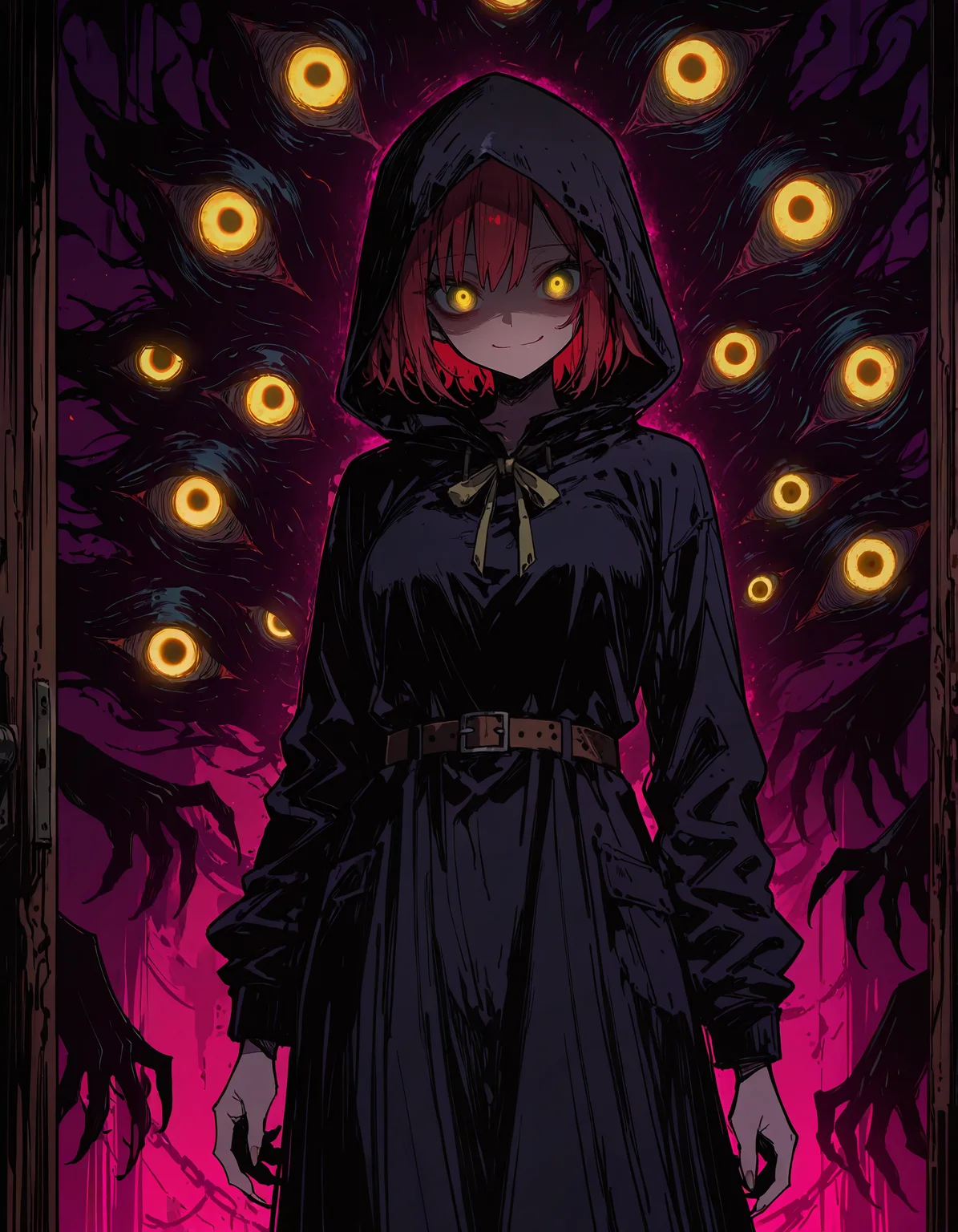 masterpiece, newest, incredibly absurdres, highres, <lora:3Y3S_style:1>,3Y3S_illu, 1girl, yellow eyes, hood, solo, smile, red hair, looking at viewer, glowing eyes, glowing, belt, dress, short hair, fingernails, hood up, extra eyes,shadows ,hatching \(texture\), gradient