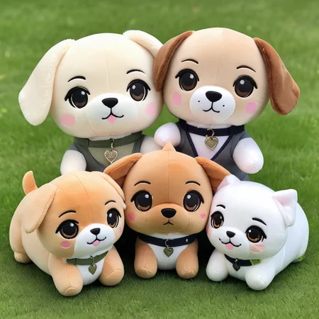 a family of dogs playing on the grass,
 <lora:woafu_plushify_sdxl_v02:0.8> plushify, character stuffed toy, chibi