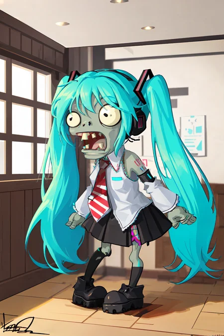 p vs.z\(Zob\), long hair, twintails, cosplay, aqua hair, very long hair, detached sleeves, torn clothes, headset, necktie, parody, signature, hatsune miku \(cosplay\), crossover, skirt, green hair, thighhighs,open mouth,fangs,sharp focus,