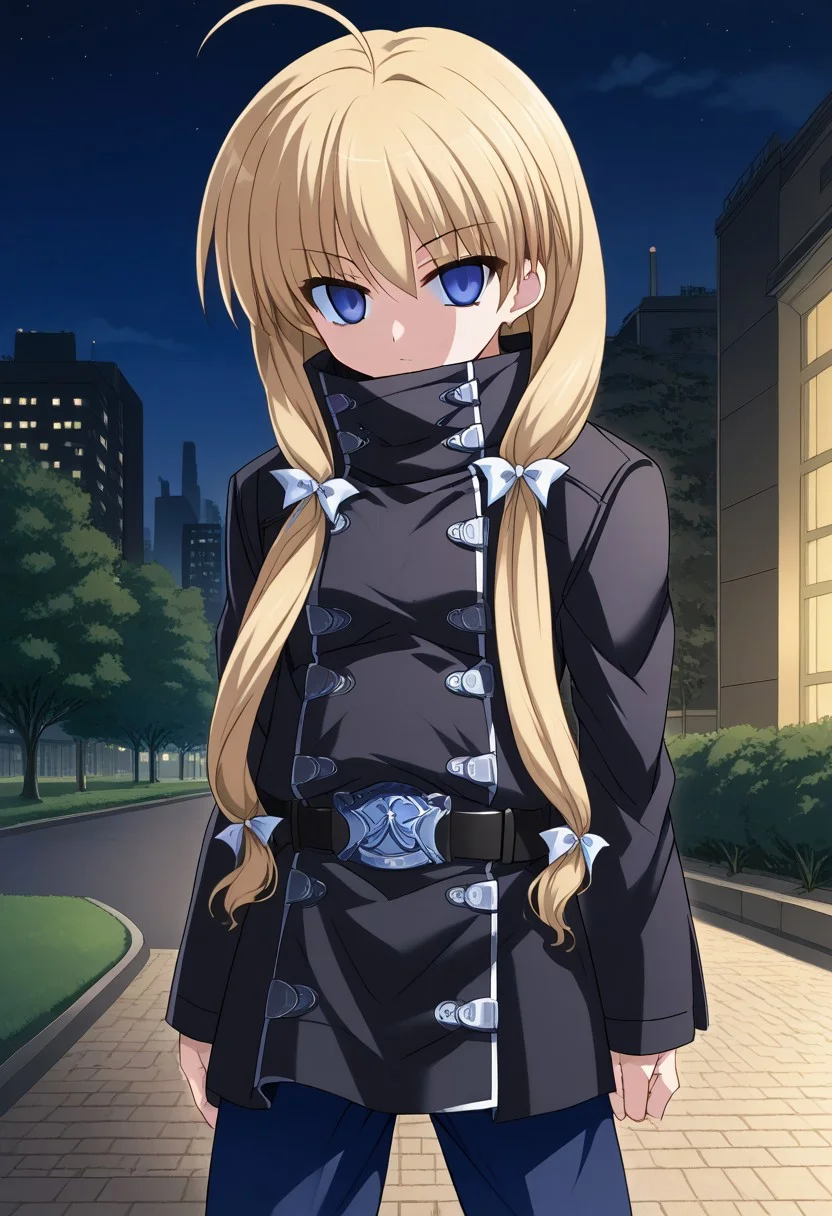 1girl, solo, yukiponeleeyes, blonde hair, long hair, low twintails, low-tied long hair, hair ribbon, ahoge, blue eyes, empty eyes, black coat, high collar, black belt, blue pants, standing, outdoors, city, night, park,