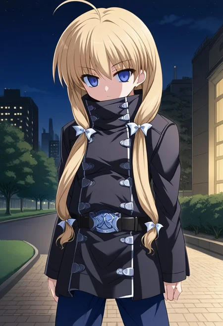 1girl, solo, yukiponeleeyes, blonde hair, long hair, low twintails, low-tied long hair, hair ribbon, ahoge, blue eyes, empty eyes, black coat, high collar, black belt, blue pants, standing, outdoors, city, night, park,