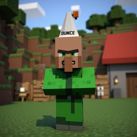 villager_mc, green robe. cone hat that reads dunce,
In the quiet corners of the Minecraft world, villagers live simple yet mysterious lives, their origins lost to ancient memory. Long before players ever arrived, these blocky folk built their scattered settlements from wood, stone, and faith in the old ways. Each villager, with their distinctive green eyes, broad noses, and solemn, blocky frames, carries on traditions passed down through countless seasons — farming, trading, and crafting the essentials of survival. They rarely speak, instead communicating through gestures and knowing looks, as if guarding ancient secrets about the world’s creation. Legends whisper that villagers were once great architects and scholars, who, after a forgotten cataclysm, chose a life of humble isolation. Their villages, cradled between mountains, forests, and plains, pulse quietly with life, protected by iron golems and bound by an unspoken pact with the land itself — to endure, to trade, and to remember.