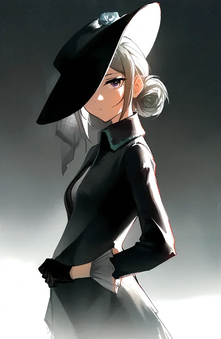 vertin_\(reverse:1999\), 1girl, solo, looking_at_viewer, shirt, long_sleeves, gloves, hat, closed_mouth, white_shirt, upper_body, grey_hair, black_gloves, collared_shirt, grey_background, hair_bun, coat, grey_eyes, hand_on_own_hip, black_headwear, black_coat, one_eye_covered, single_side_bun, hat_over_one_eye