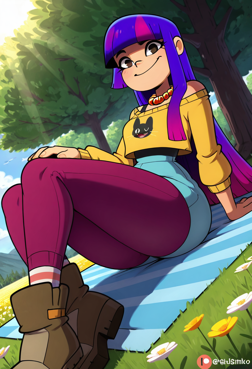 masterpiece, best quality, solo, curvy, beautiful eyes,  narrow waist, wide hips, zzMiko, long hair, purple hair, blunt bangs, multicolored hair,  dynamic angle, foreshortening, close up, smile, looking at viewer,   ,       <lora:MikoKubotaIXL:1.0>, [Boho Picnic], Fringed cardigan, ankle boots, layered necklaces, Lounging on a picnic blanket in a field of wildflowers under soft, golden sunlight.