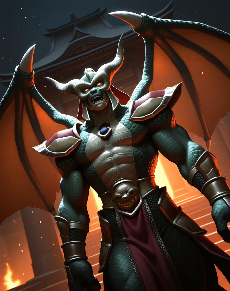 <lora:Onaga_(Mortal_Kombat)_(Illustrious)_(AD):1> Onaga, dragon, Mortal Kombat, 
dutch angle, exterior, temple, dark picture, cowboy shot, 
male focus, gradient coloring, villain, dragon wings, 
BREAK very awe, aesthetically pleasing, masterpiece, best quality, amazing quality, very aesthetic, perfect depth of field shot, in'ei,
Smooth Quality, lazympos, IllustQualXL_Pos,
