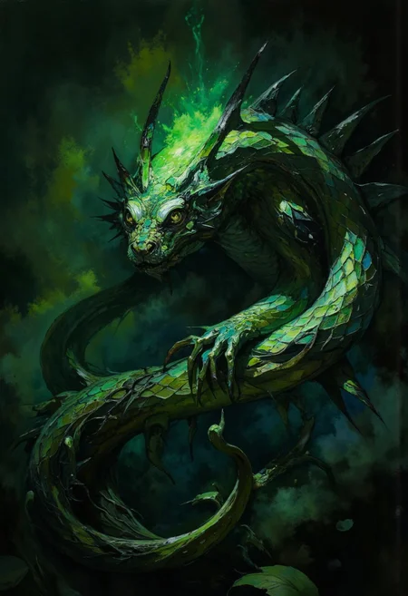 Screen grab from a 1940s dark fantasy movie, wizard of oz style color, occult, A serpent-like creature with glowing green scales and jagged paper fins winds through the dark, gluey depths of Kaltenschlot’s marshes. It speaks in riddles, coiling around those who fail to answer, its sinuous body tightening until its victims vanish, leaving only faint glowing ripples in the swamp’s surface