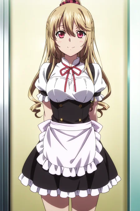 anime screenshot, strike the blood, 1girl, solo, aiba asagi, blonde hair, long hair, drill hair, ponytail, high ponytail, hair scrunchie, red scrunchie, hairclip, red eyes, medium breasts, maid, black dress, white dress, two-tone dress, frilled dress, short sleeves, puffy sleeves, puffy short sleeves, frilled sleeves, white apron, waist apron, red ribbon, neck ribbon, looking at viewer, smile, arms behind back, cowboy shot, indoors, masterpiece, best quality, high quality, highres, absurdres, <lora:aiba_asagi_ILXL:0.9>