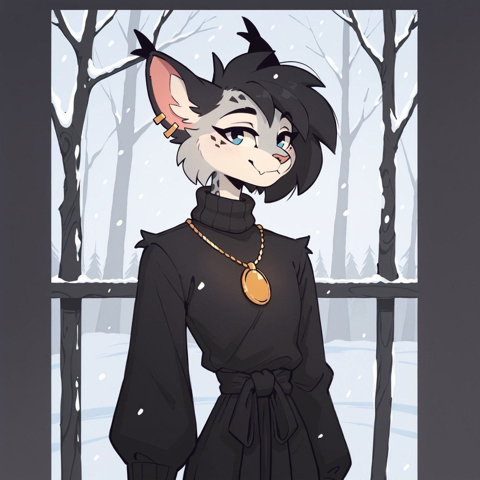 score_9, score_8_up, score_7_up, score_6_up, whygena, solo, slender, khajiit, snow leopard fur, snow leopard face, gray face, femboy, lynx ears, black ears, fluffy eartips, short black hair, blue eyes
BREAK
black outfit, oversized turtleneck sweater, tied at waist, gold ear piercings, gold pendant,
BREAK
profile picture, snowing, beautiful art