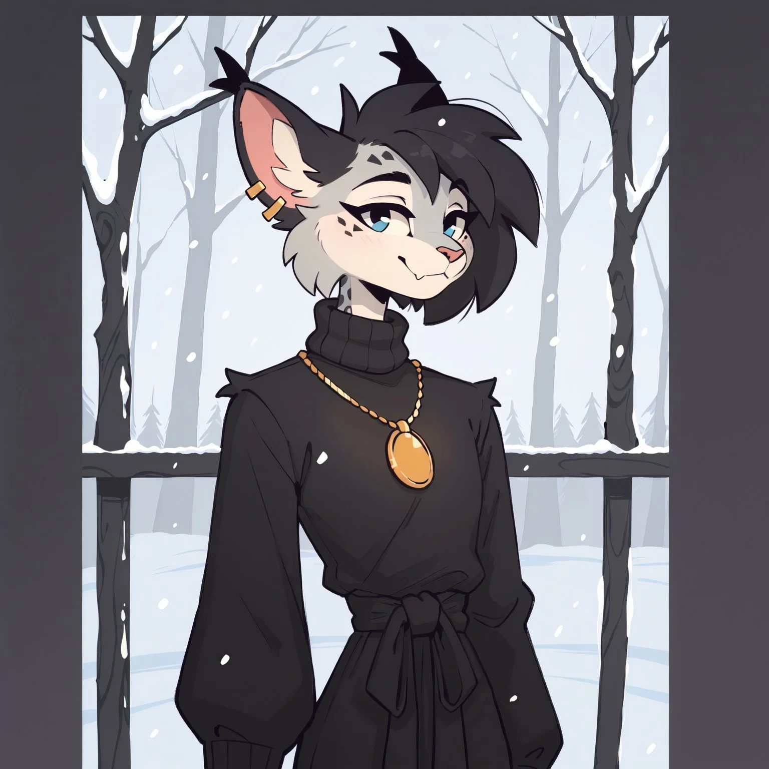 score_9, score_8_up, score_7_up, score_6_up, whygena, solo, slender, khajiit, snow leopard fur, snow leopard face, gray face, femboy, lynx ears, black ears, fluffy eartips, short black hair, blue eyes
BREAK
black outfit, oversized turtleneck sweater, tied at waist, gold ear piercings, gold pendant,
BREAK
profile picture, snowing, beautiful art