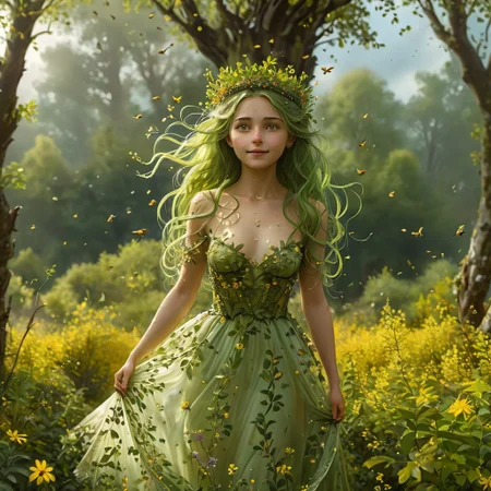 epiCRealism, (masterpiece, extremely detailed, highest quality), the queen of the forest is the most beautiful creature in the woods, cute, sensual, petite with an hourglass figure, wears a see through dress made of tiny interwoven leaves and a crown of flowers, carefree, smiling and happy with beautiful and expressive yellow eyes, open eyes, walking across her glade among flower beds and old oaks and willows, her hair floats behind her catching the wind, her long and green hair is full of small leaves and berries, it is springtime and a storm has just finished leaving trillions of drops, (the air is full of birds, bees, insects and a myriad of small seeds), sunlight, the Sun shines glorious among the heavy stormy clouds sending its rays down to the glade like columns of light