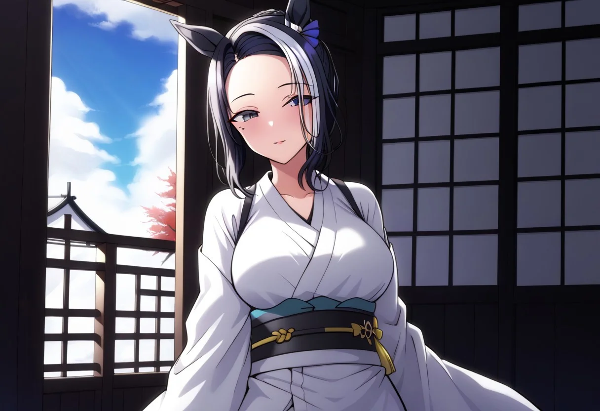 18 years old ,women,solo,1girl,nsfw,
rmnsd, horse girl, multicolored hair, streaked hair, ear ornament, mole under eye saimin.il,
saimin, tsubaki, white clothes, white kimono,
clothed girl, kimono,