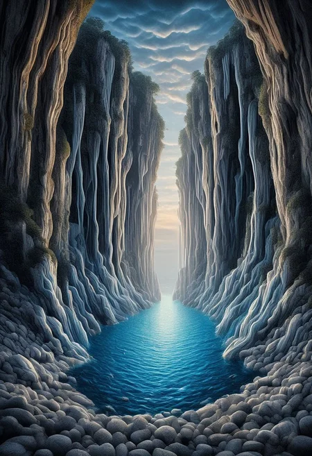 "Create a hyper-realistic photographic image illustrating a surreal and imaginary scene that integrates elements of water. Picture a colossal waterfall cascading from the sky, merging with a tranquil ocean that has floating islands made of translucent crystals. From the depths of the water emerges a giant, glowing jellyfish, its tentacles weaving through the air, casting iridescent lights. The scene should blend the fluidity of water with otherworldly, dreamlike elements, adding an ethereal, magical atmosphere. The image should have high contrast, vibrant colors, and be shot with a wide-angle lens to capture the grandeur of the scene. Style it with a mix of fantasy and realism, emphasizing the reflections and ripples in the water."