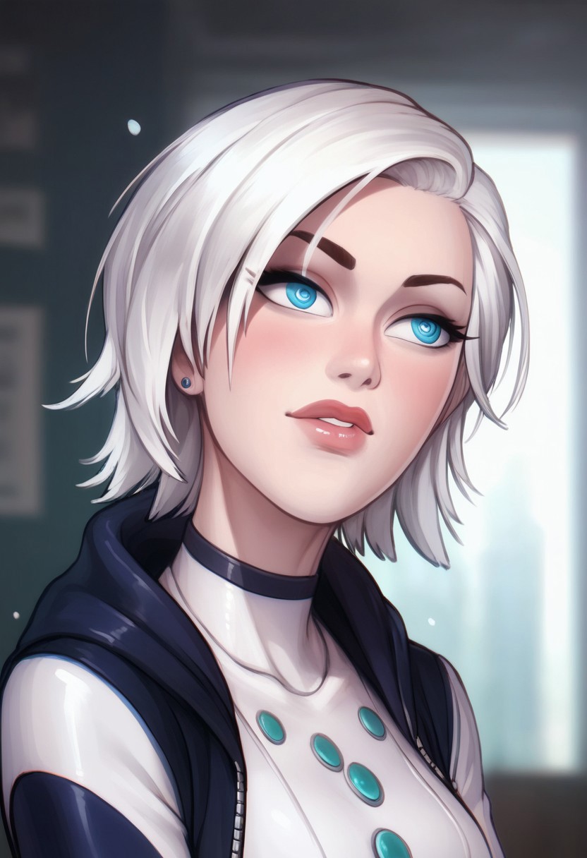 score_9, score_8_up, score_7_up, score_6_up, PRSNL_3_1, uncensored, pupils black dots, lips,
upper body, 
MKFrost, 1girl, white hair, blue eyes, short hair, bodysuit