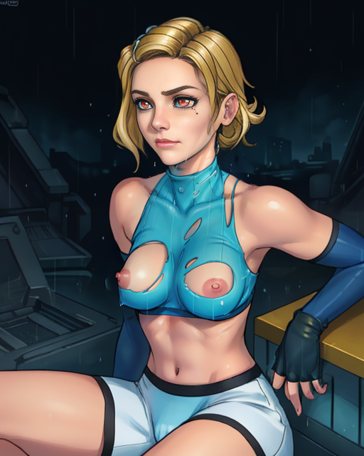 Dominique, short blond hair, glowing red eyes eyes, mole under eye,  solo,     closed mouth,   upper body,  sitting, blushing , covered nipples,  battle damage,
DomiAtt, brown fingerless gloves, sleeveless turtleneck, midriff , white elbow gloves, blue and white  shorts ,boots camel toe,  ripped clothing, torn clothes, nipple,
raining, cyberpunk helipad, nighttime,
(insanely detailed, beautiful detailed face, masterpiece, best quality)   <lora:dominique:0.7> <lora:exploding_clothes:0.7>