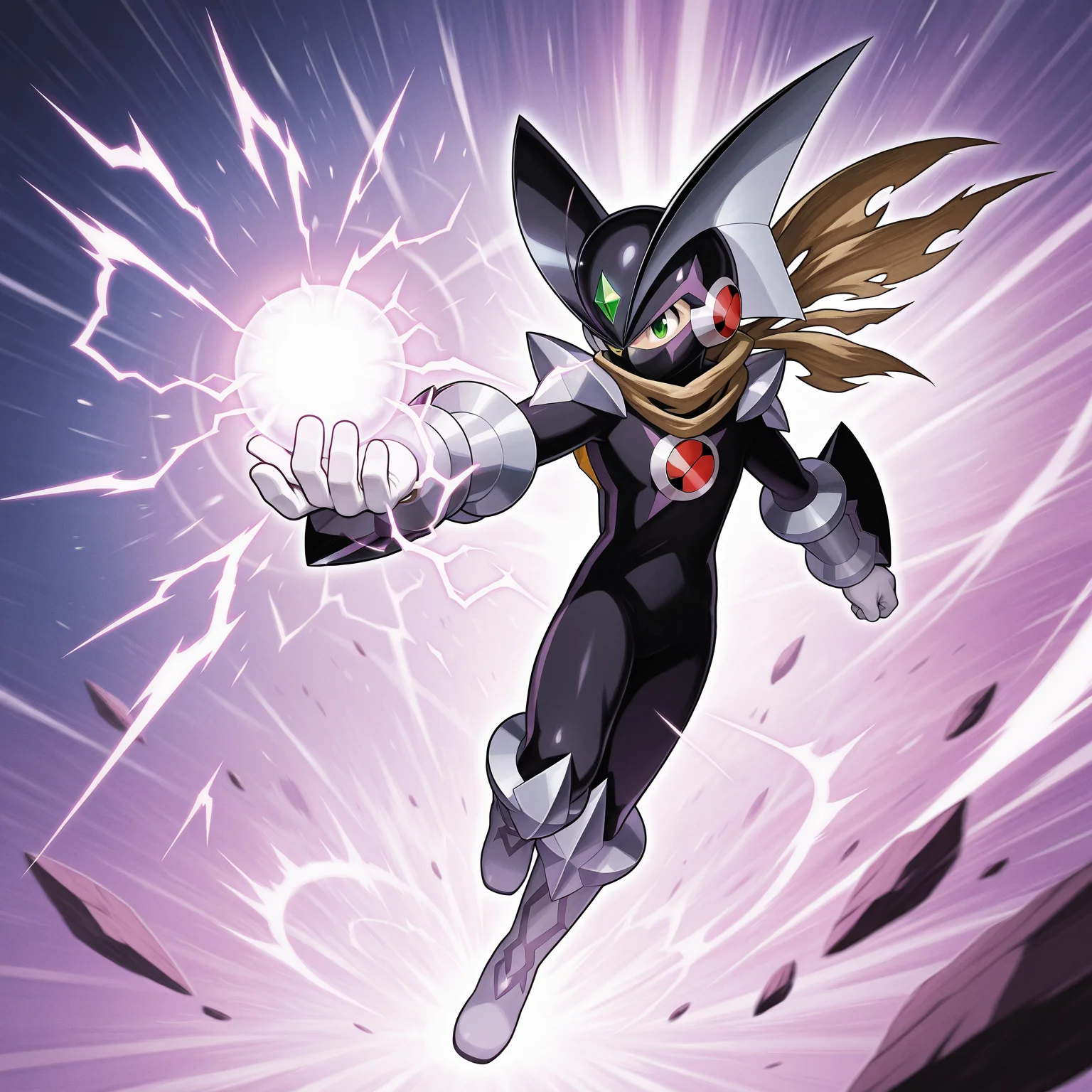 masterpiece,best quality,amazing quality,bass.exe \(mega man\),megaman.exe,double soul \(mega man\),silver basscross,solo,head fins,1boy,gloves,green eyes,full body,male focus,boots,white gloves,scarf,bodysuit,glowing,helmet,black bodysuit,covered mouth,electricity,forehead jewel,energy ball,torn scarf,silver footwear,mouth mask,official art,shoulder armor,<lora:BassCrossMegaMan_V2:1>,netnavi,