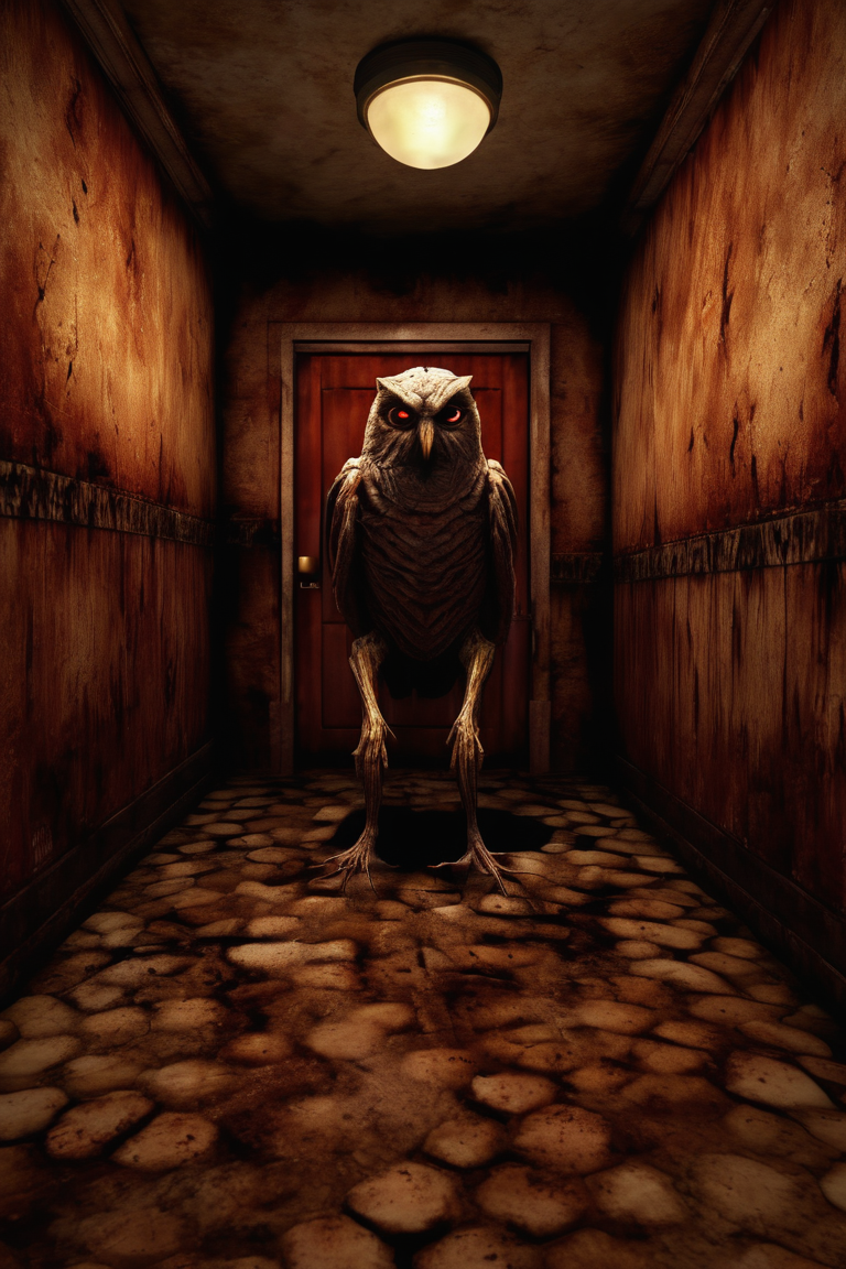 silent hill style,  Perfect global lighting, photo of a ultra reaslistic and terrorifyng monster, in a ancient washroom, sinister environment, (ultra-detailed aspect), (Ultra realistic), owl mosnter, horror style<lora:silent_hill_xl:1>